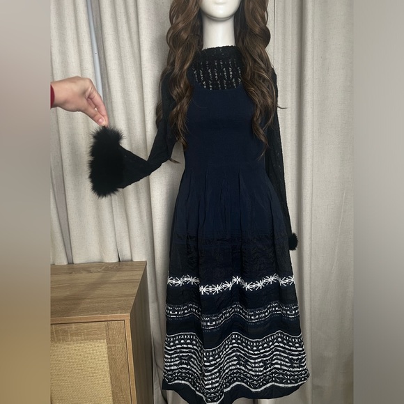 Navy Blue Sleeveless Smocked Jacquard Fit & Flare Dress Ribbed Embroidered - Picture 2 of 9